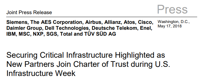 Securing Critical Infrastructure Highlighted as New Partners Join Charter of Trust during U.S. Infrastructure Week